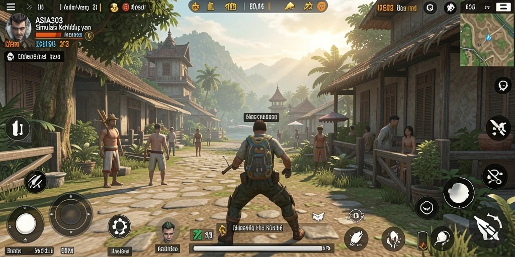 Screenshot utama ASIA303 menampilkan gameplay simulasi kehidupan yang menarik.
